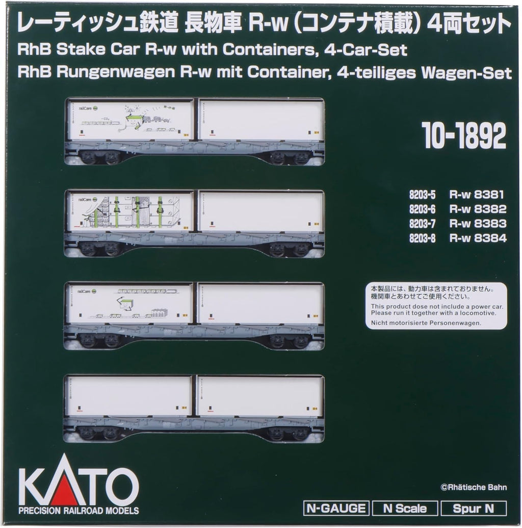 Kato RhB Rw Bogie Stake Wagon Set (4) w/Container Load VI K10-1892 N Gauge NEW