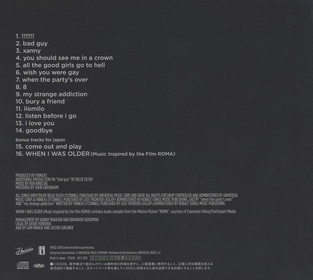 new BILLIE EILISH When We All Fall Asleep, Where Do We Go？w/ Bonus  JAPAN CD