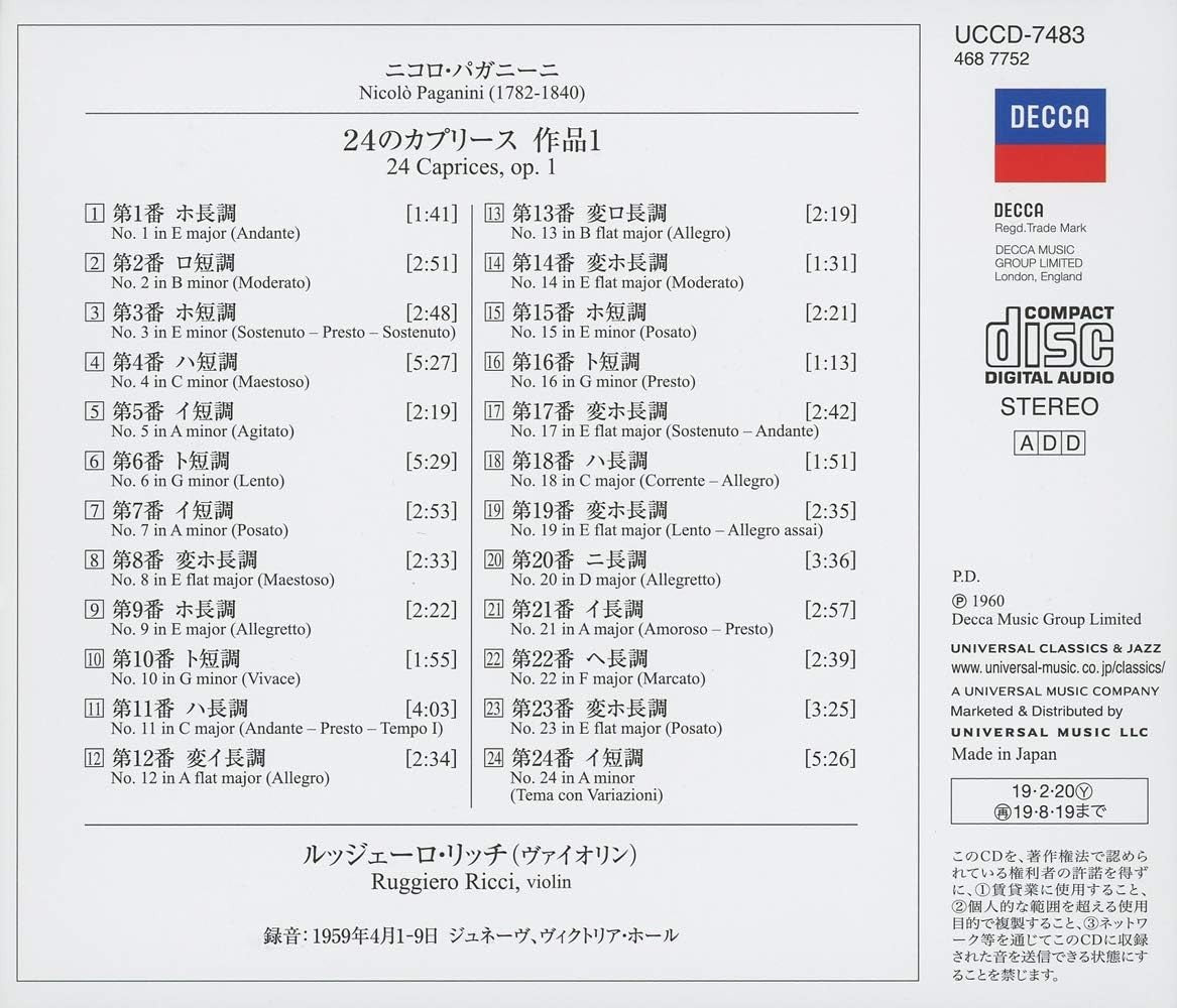 Ruggiero Ricci - Paganini: 24 Caprices [CD] NEW