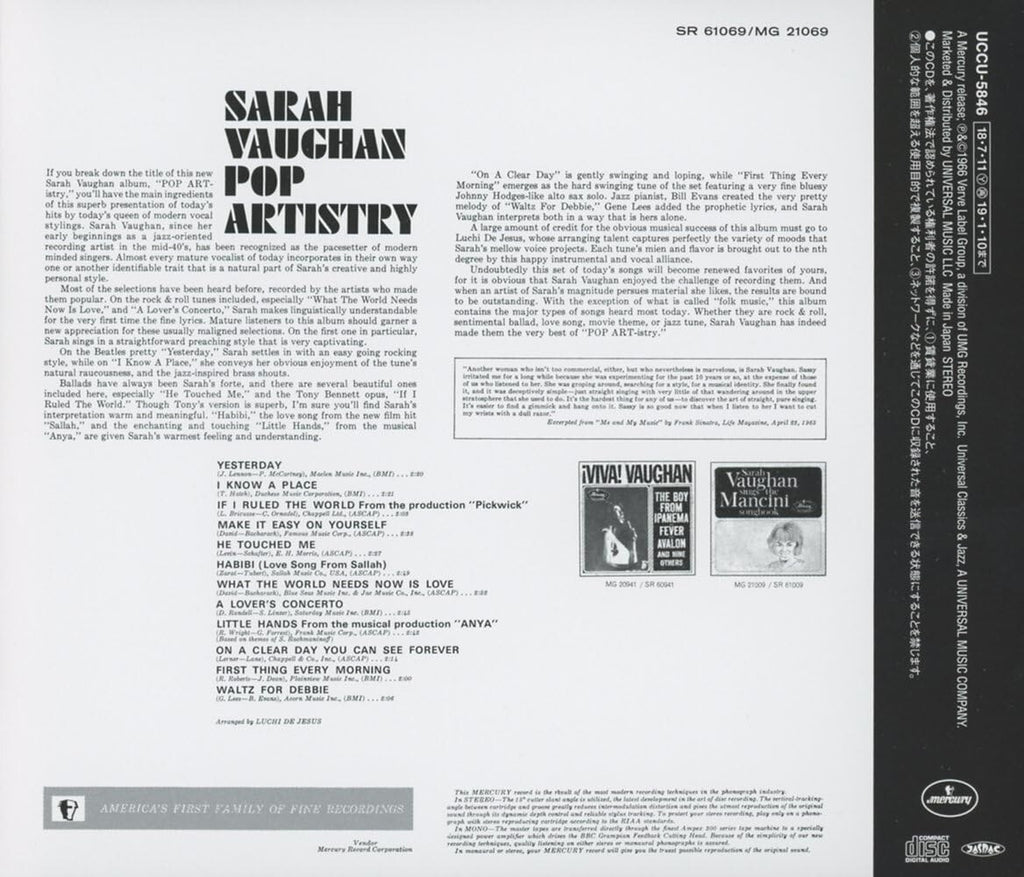 New Sarah Vaughan Jazz CD(SHMCD) Pop Artistry Japan OBI E
