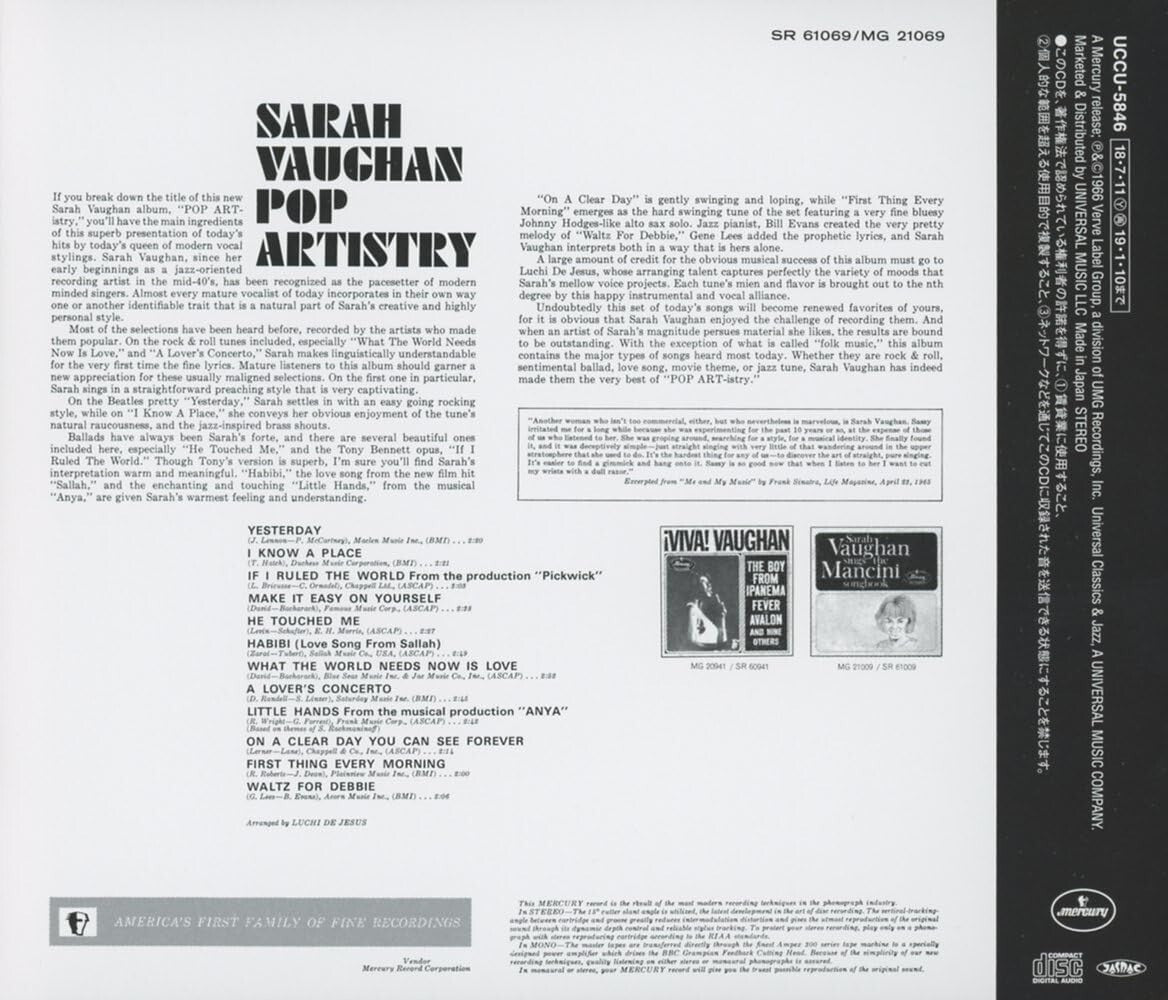 New Sarah Vaughan Jazz CD(SHMCD) Pop Artistry Japan OBI E