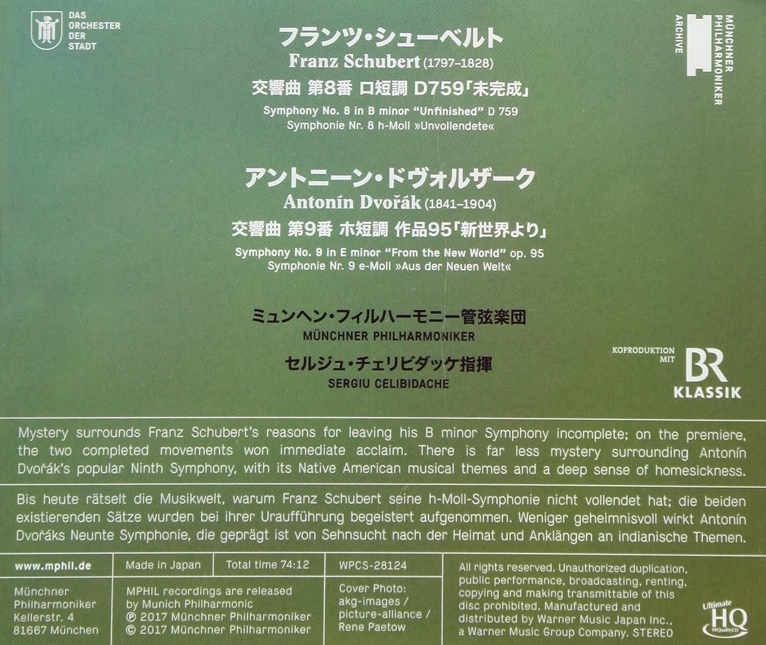 CD New Sergiu Celibidache/MPhil Symphonies Schubert No.8/Dvorak No. 9 OBI