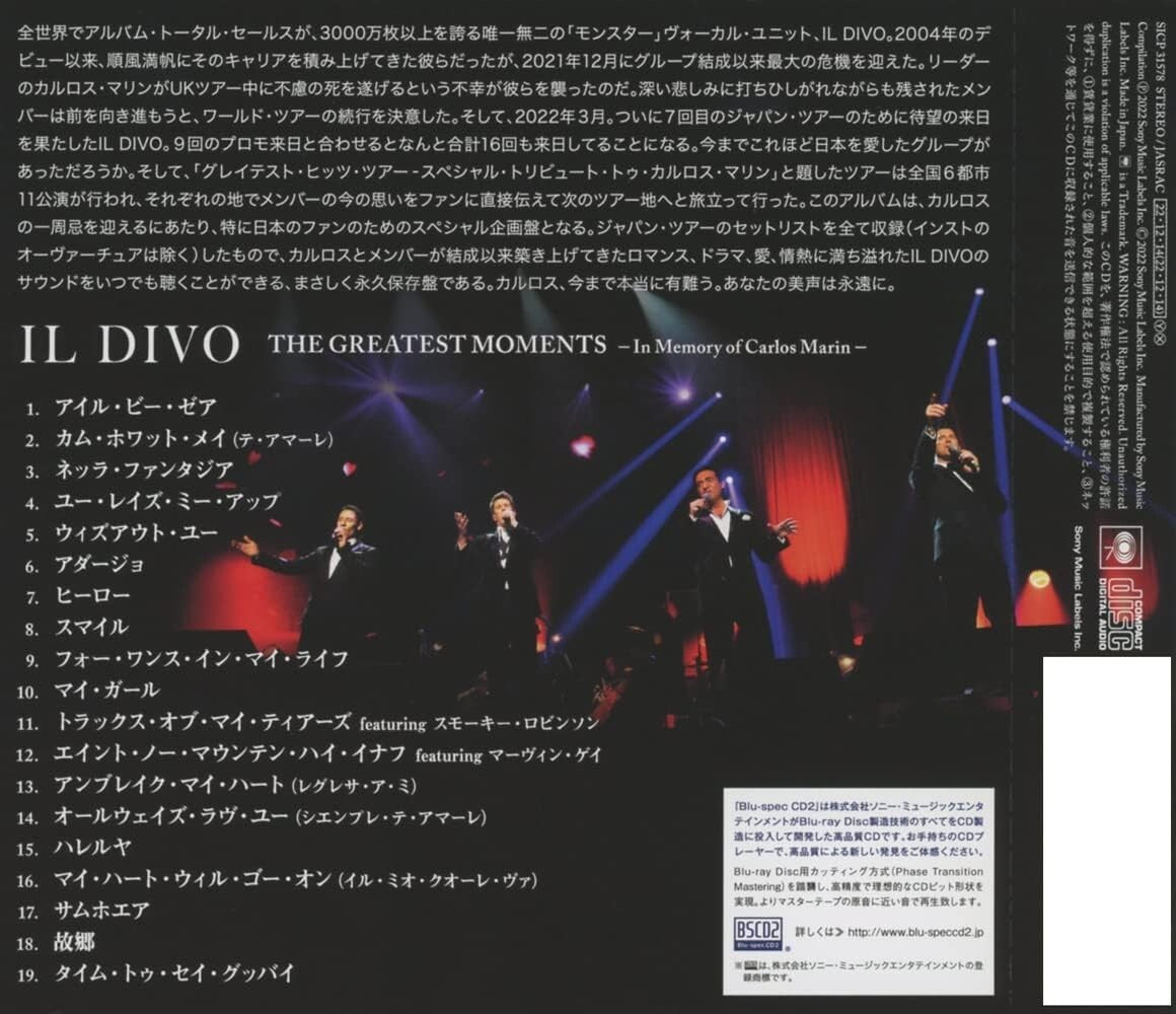 IL DIVO-The Greatest Moments - In memory of Carlos Marin --Japan CD New