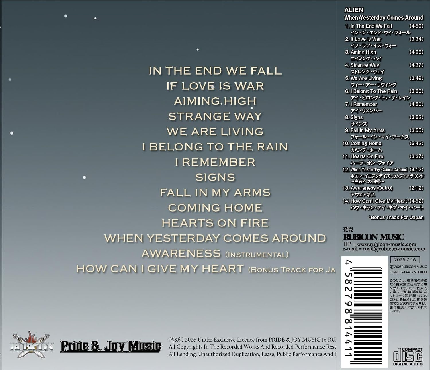 CD New ALIEN -WHEN YESTERDAY COMES AROUND- WITH BONUS TRACK from Japan