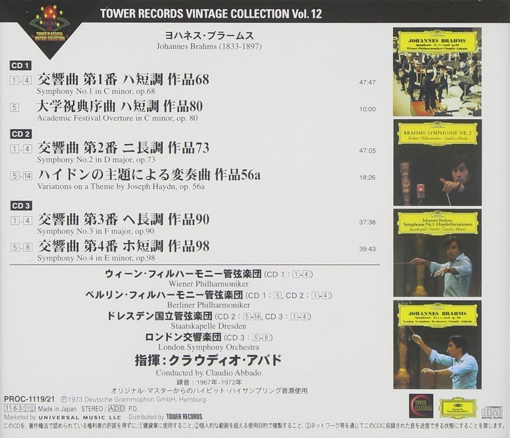 Abbado VPO Brahms The Four Symphonies TOWER RECORDS JAPAN 3CD New