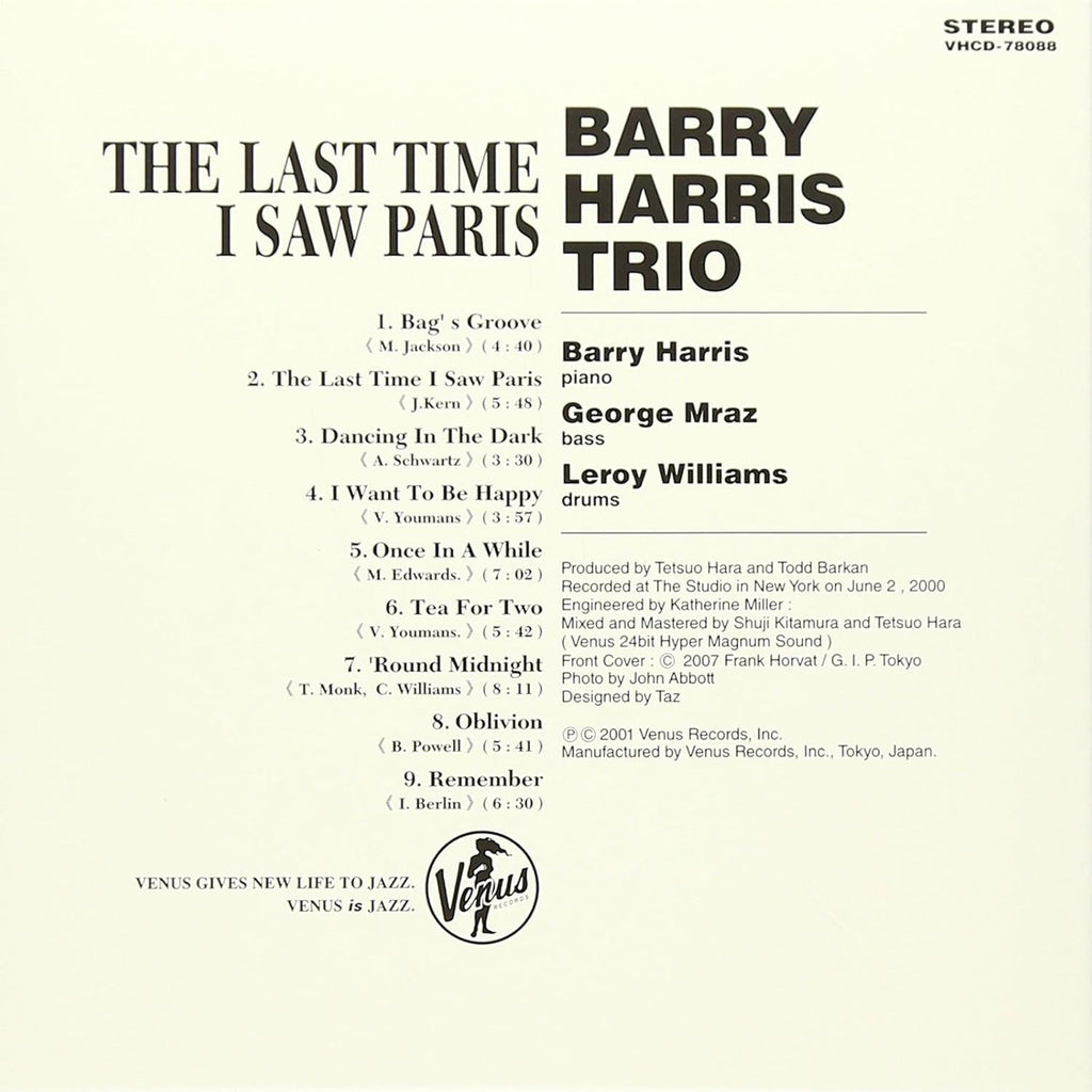 Barry Harris Trio Jazz CD The Last Time I Saw Paris Paper Sleeve OBI NEW