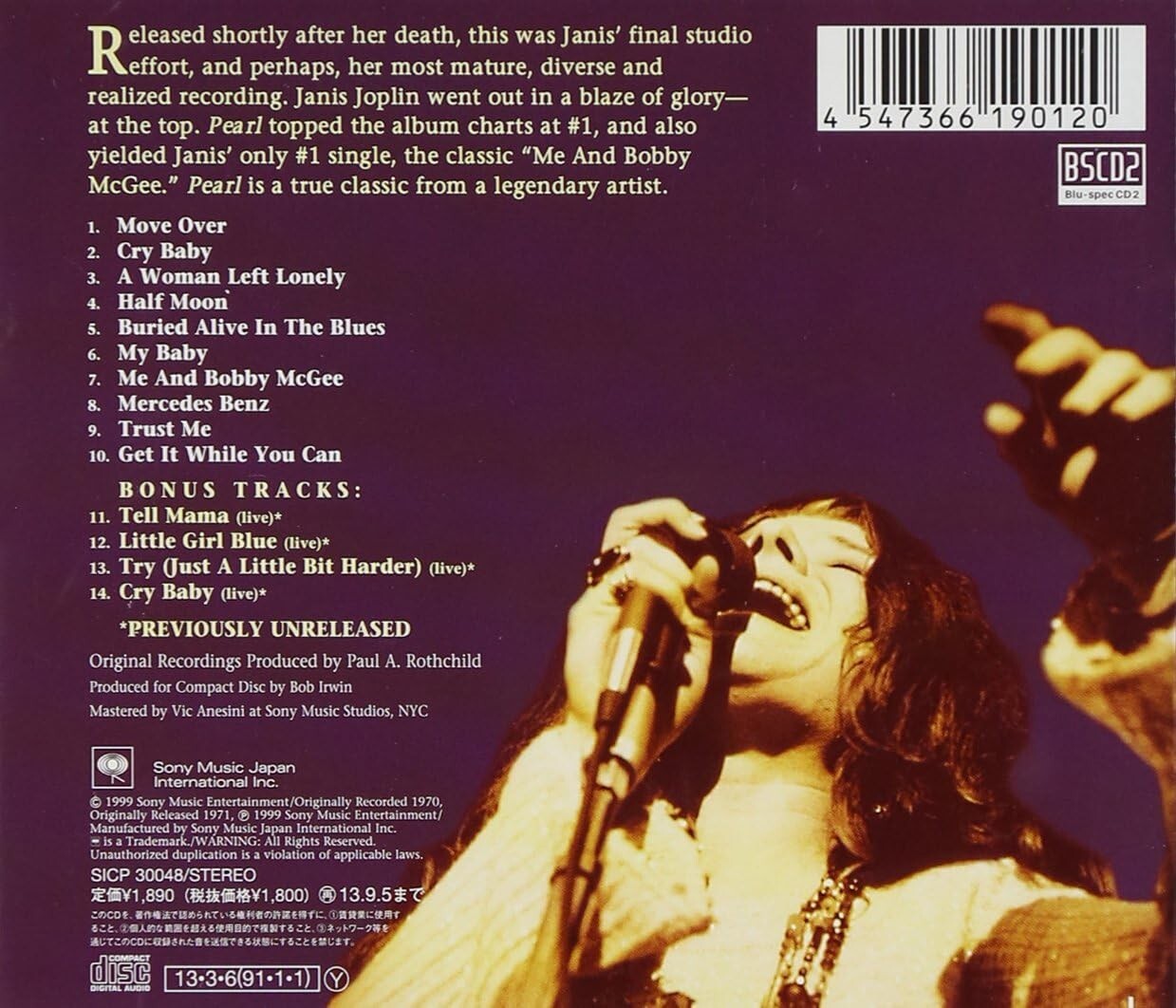Janis Joplin CD(BSCD2) Pearl 4 Bonus Tracks Japan OBI New