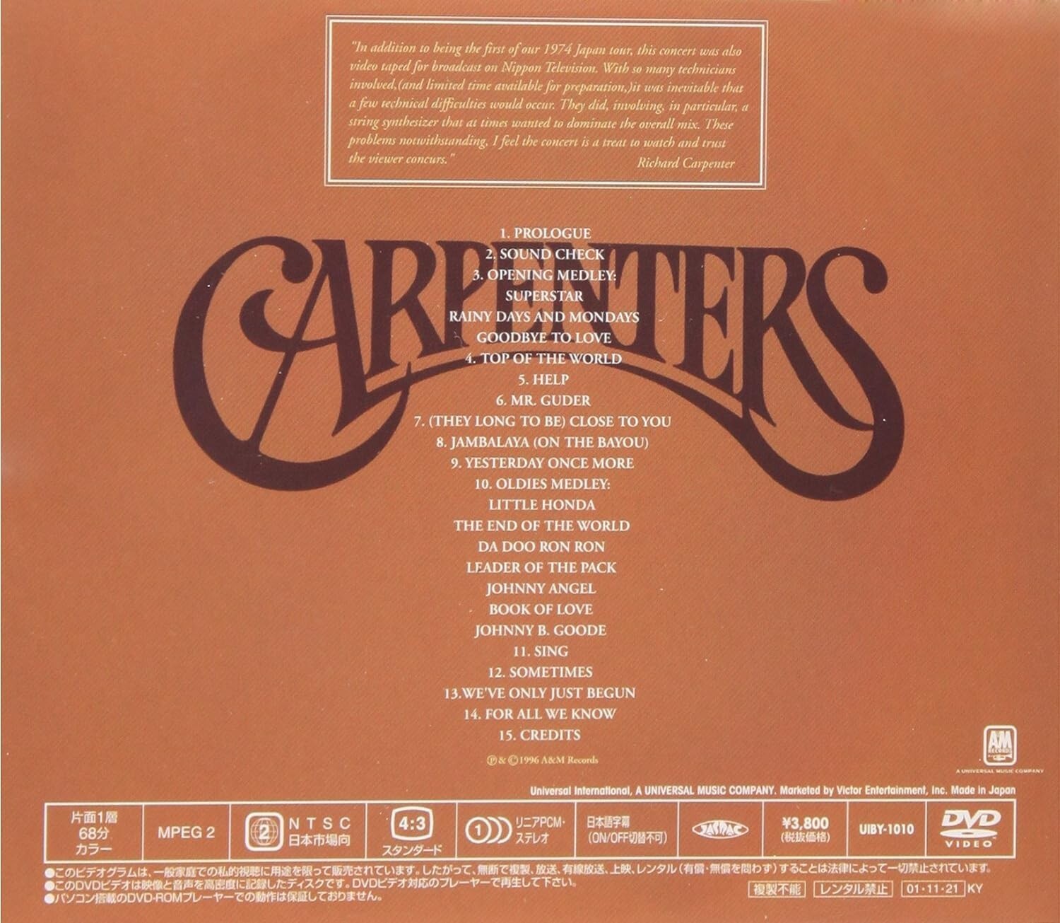 CARPENTERS Live in Nippon-Budokan 1974 DVD From Japan New