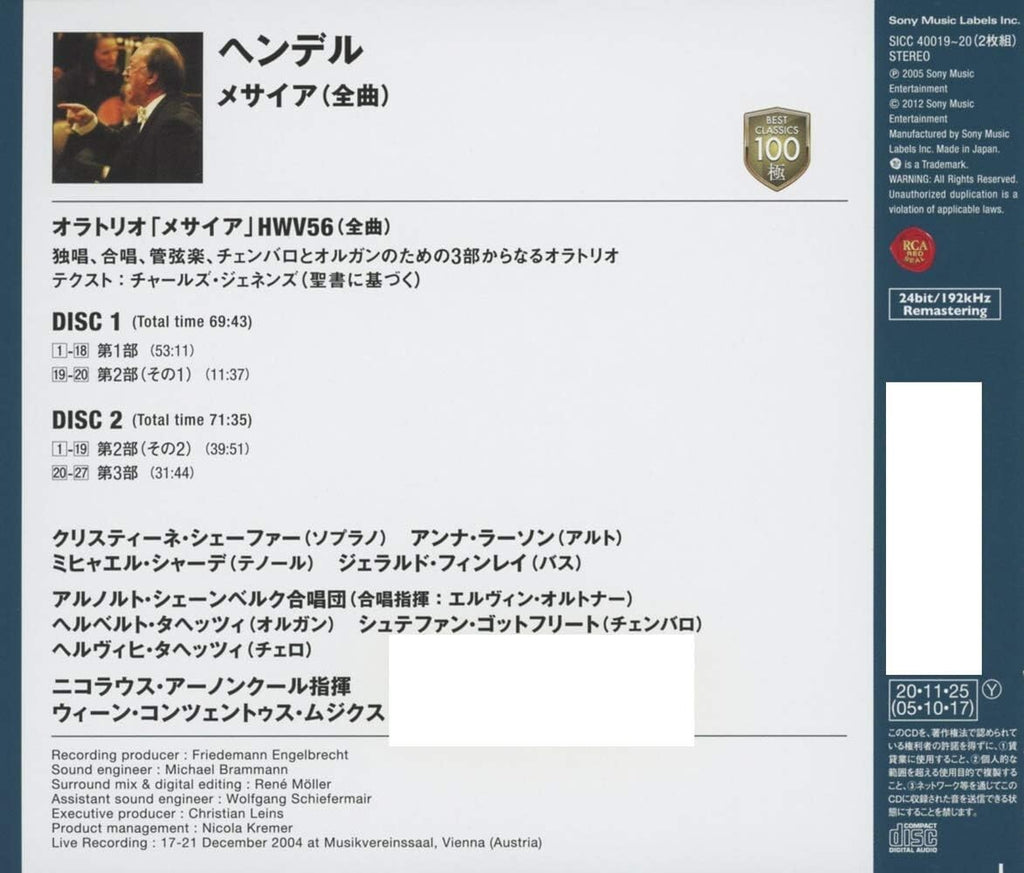 New Nikolaus Harnoncourt 2 CD Handel MESSIAH Christine Schäfer Japan