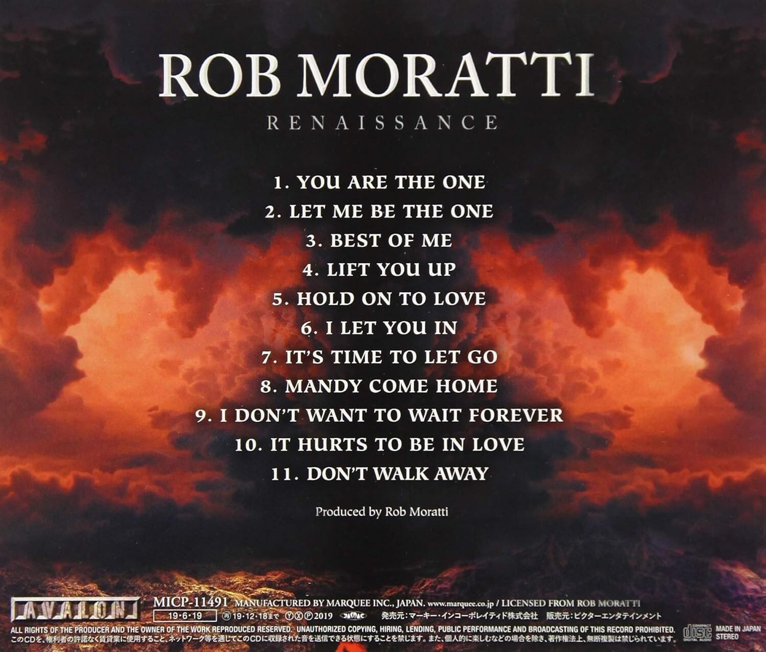 New 2019 JAPAN CD ROB MORATTI RENAISSANCE  WITH BONUS TRACK