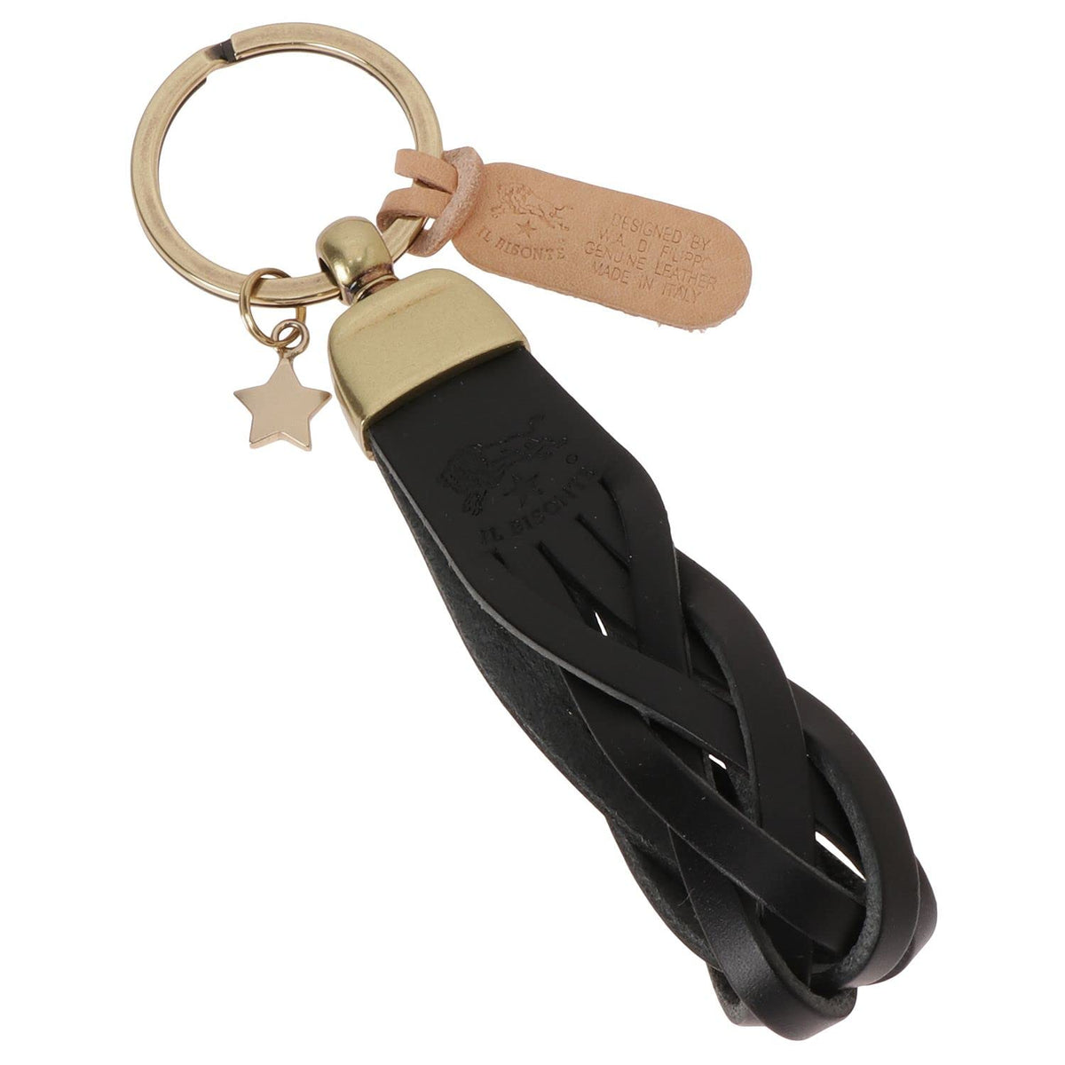 IL BISONTE Braided Leather Strap Star Charm Key Ring Key Holder Black NEW